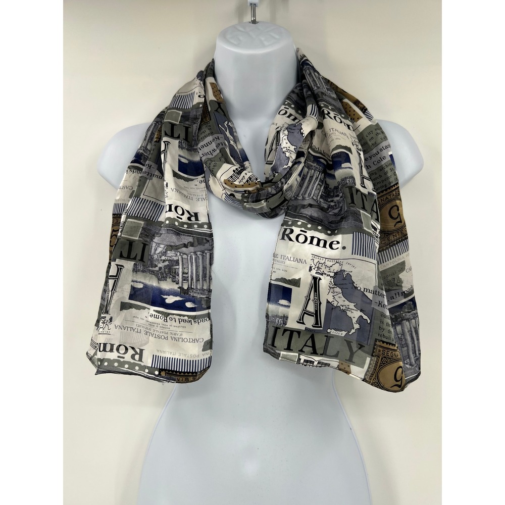 Kenneth Cole New York Silk Scarf Rome Italy Travel Postcard Print Grey Blue Tan